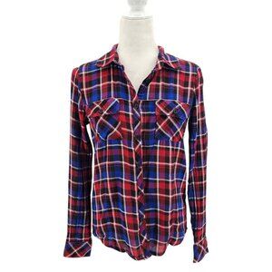 Metal Mulisha Flannel Plaid Red Blue White Black Button Shirt Top Womens Small